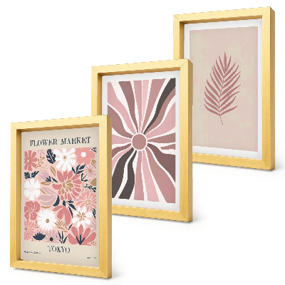 Juego de 3 cuadros decorativos Diseños florales con hojas y formas geométricas