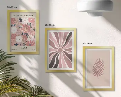 Juego de 3 cuadros decorativos con diseños florales de hojas y formas geométricas