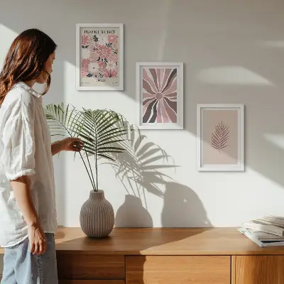 Juego de 3 cuadros decorativos con diseños florales de hojas y formas geométricas