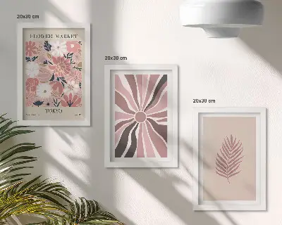 Juego de 3 cuadros decorativos con diseños florales de hojas y formas geométricas