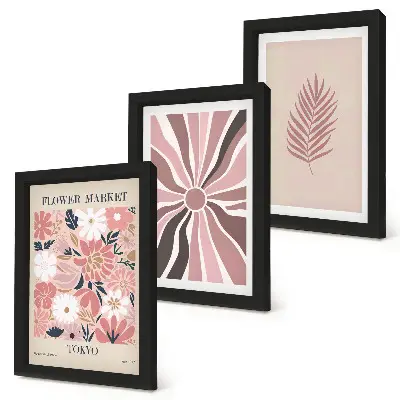 Juego de 3 cuadros decorativos con diseños florales de hojas y formas geométricas