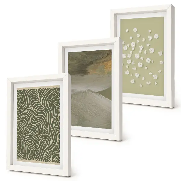 Tríptico enmarcado con diseños abstractos de ondas y flores estilo bohemio