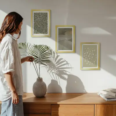 Tríptico enmarcado con diseños abstractos de ondas y flores estilo bohemio