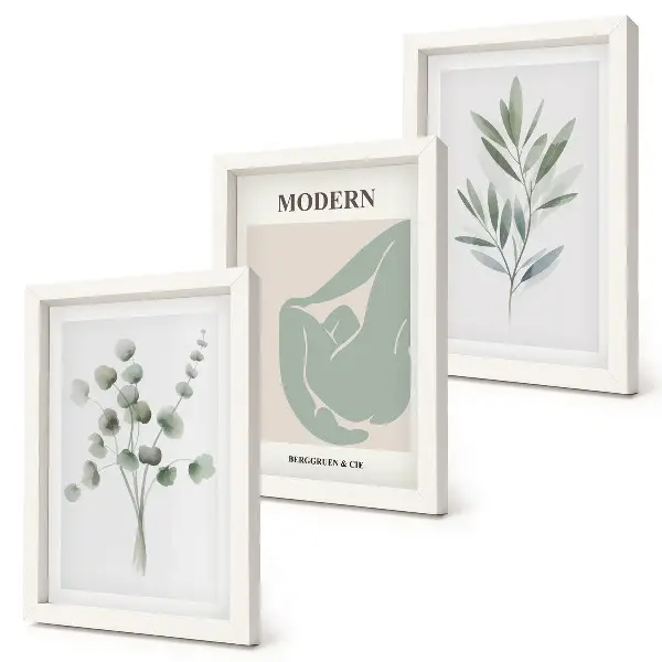 Juego de 3 cuadros decorativos con motivos vegetales en delicados tonos de verde