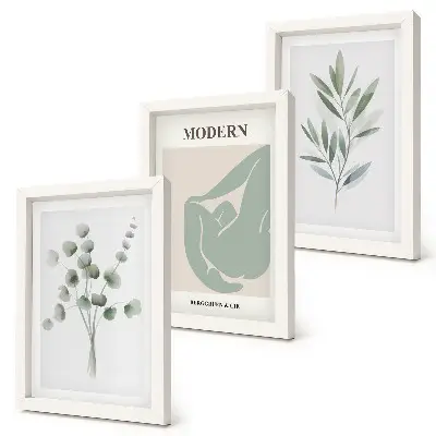 Juego de 3 cuadros decorativos con motivos vegetales en delicados tonos de verde