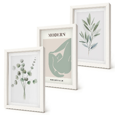 Juego de 3 cuadros decorativos Motivos vegetales en delicados tonos de verde.