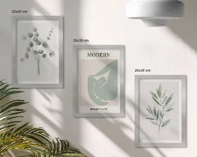 Juego de 3 cuadros decorativos con motivos vegetales en delicados tonos de verde