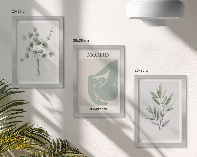 Juego de 3 cuadros decorativos Motivos vegetales en delicados tonos de verde.