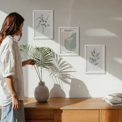 Juego de 3 cuadros decorativos con motivos vegetales en delicados tonos de verde