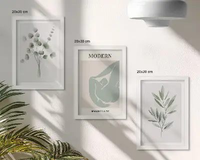 Juego de 3 cuadros decorativos con motivos vegetales en delicados tonos de verde