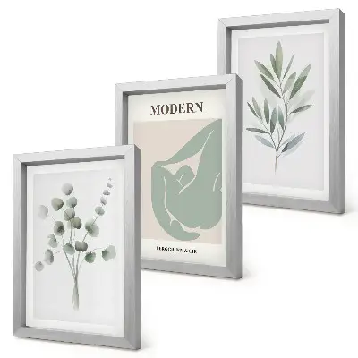 Juego de 3 cuadros decorativos con motivos vegetales en delicados tonos de verde