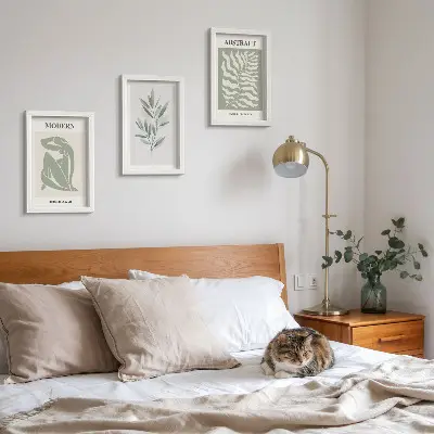 Tríptico enmarcado diseño de Matisse con acuarela de plantas bohemias