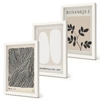 Juego de 3 cuadros decorativos con estampados florales y líneas minimalistas en colores neutros