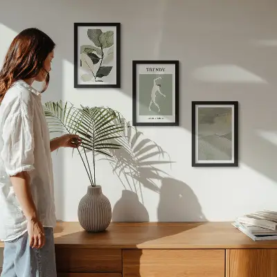 Tríptico enmarcado con diseños vegetales de siluetas y formas abstractas