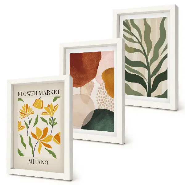 Juego de 3 cuadros decorativos con motivos florales y formas abstractas de hojas