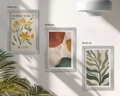 Juego de 3 cuadros decorativos con motivos florales y formas abstractas de hojas