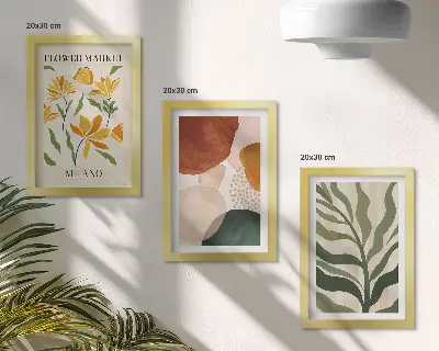 Juego de 3 cuadros decorativos con motivos florales y formas abstractas de hojas