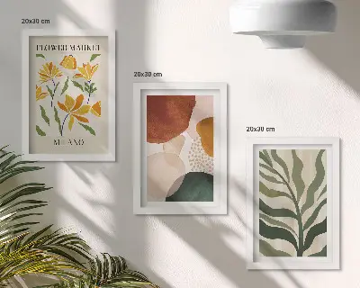 Juego de 3 cuadros decorativos con motivos florales y formas abstractas de hojas