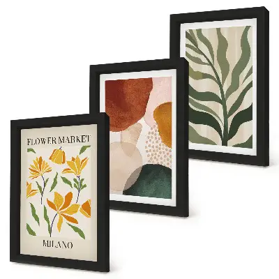 Juego de 3 cuadros decorativos con motivos florales y formas abstractas de hojas