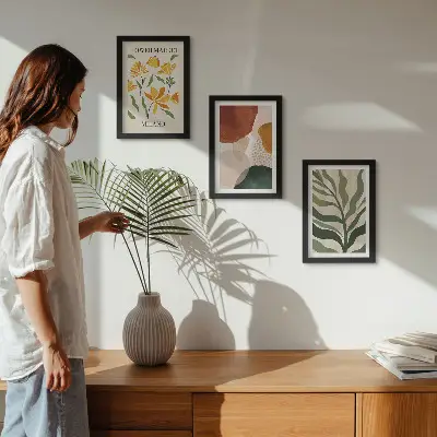 Juego de 3 cuadros decorativos con motivos florales y formas abstractas de hojas