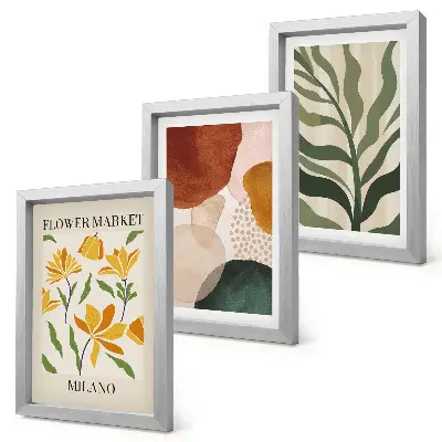 Juego de 3 cuadros decorativos con motivos florales y formas abstractas de hojas