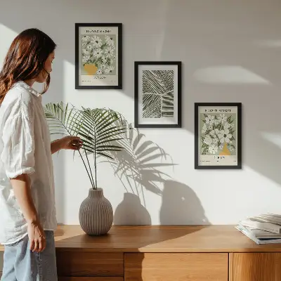 Tríptico enmarcado diseños florales con líneas abstractas de Londres y Dublín