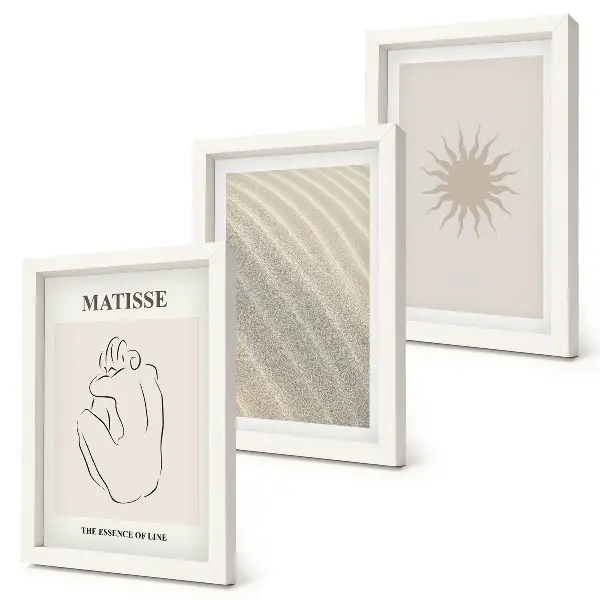 Juego de 3 cuadros decorativos con diseño de líneas minimalistas de arena, olas y sol