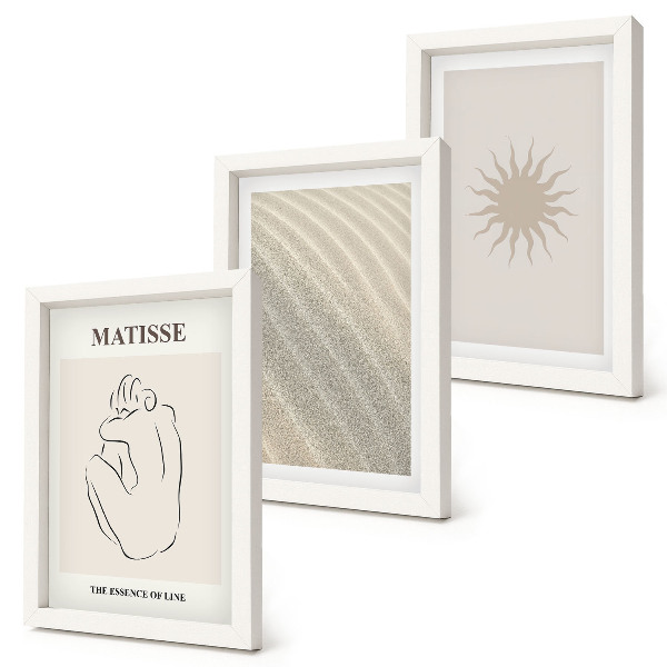 Juego de 3 cuadros decorativos Líneas minimalistas, arena, olas y sol.