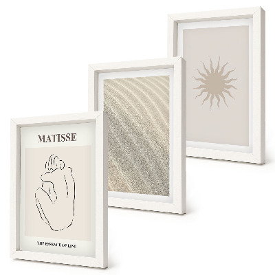 Juego de 3 cuadros decorativos Líneas minimalistas, arena, olas y sol.