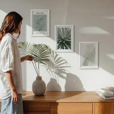 Tríptico enmarcado con diseños vegetales en tonos verdes y beige