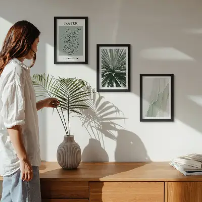 Tríptico enmarcado con diseños vegetales en tonos verdes y beige