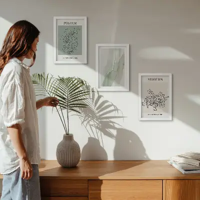 Juego de 3 cuadros decorativos con diseño de flores en un jarrón de estilo moderno y minimalista