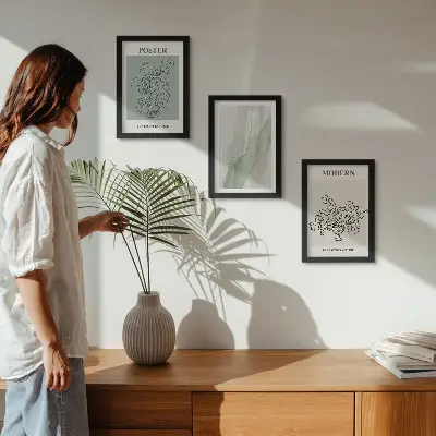 Juego de 3 cuadros decorativos con diseño de flores en un jarrón de estilo moderno y minimalista