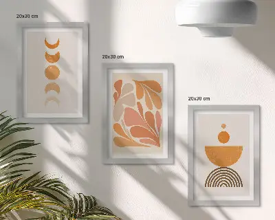 Tríptico de formas abstractas en tonos naranjas enmarcado