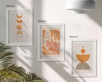 Tríptico de formas abstractas en tonos naranjas enmarcado