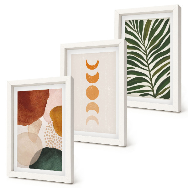 Tríptico enmarcado Formas abstractas en colores cálidos y hojas