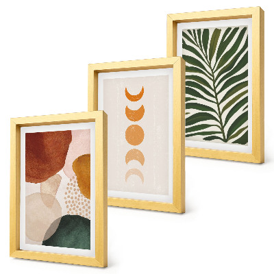 Tríptico enmarcado Formas abstractas en colores cálidos y hojas