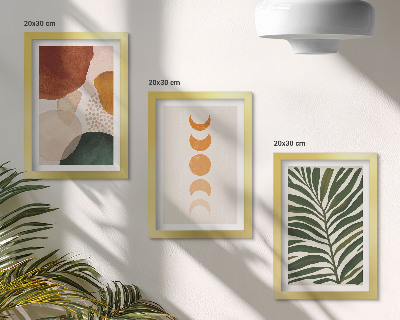 Tríptico enmarcado Formas abstractas en colores cálidos y hojas
