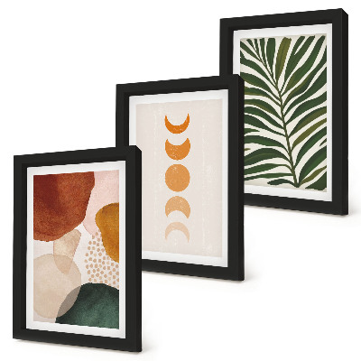 Tríptico enmarcado Formas abstractas en colores cálidos y hojas