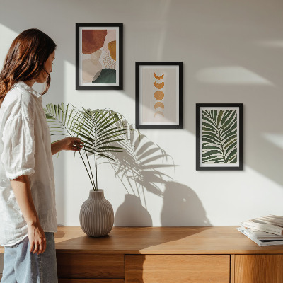 Tríptico enmarcado Formas abstractas en colores cálidos y hojas