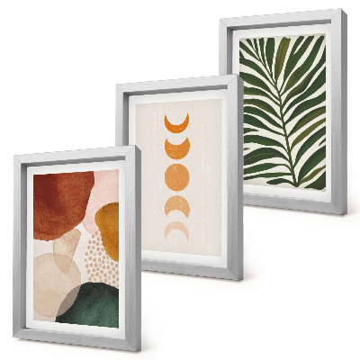 Tríptico enmarcado Formas abstractas en colores cálidos y hojas
