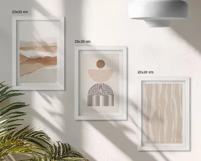 Tríptico enmarcado paisaje abstracto con formas naturales y geometría