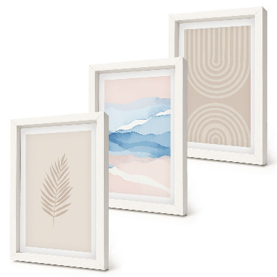 Juego de 3 cuadros decorativos Hojas y olas en tonos beige y azul.