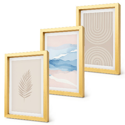 Juego de 3 cuadros decorativos Hojas y olas en tonos beige y azul.