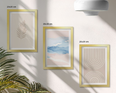 Juego de 3 cuadros decorativos Hojas y olas en tonos beige y azul.