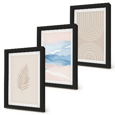 Juego de 3 cuadros decorativos Hojas y olas en tonos beige y azul.