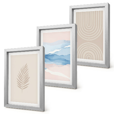 Juego de 3 cuadros decorativos Hojas y olas en tonos beige y azul.