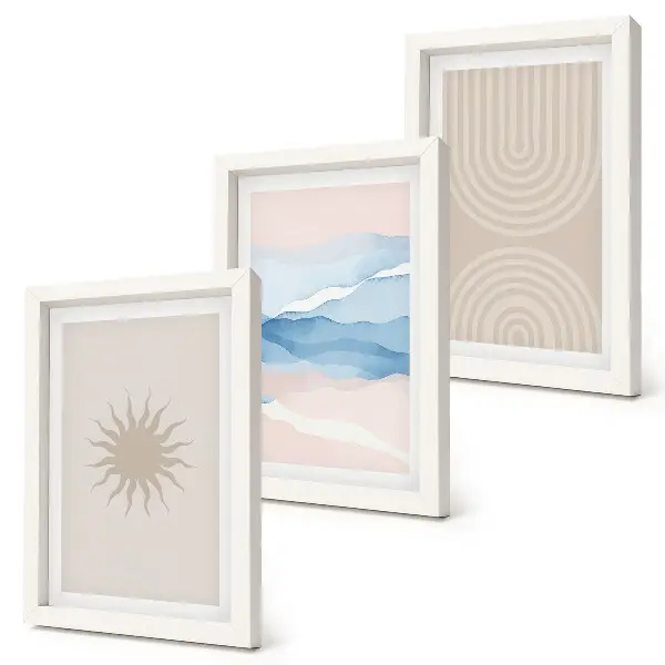 Tríptico enmarcado con diseño de sol, olas y líneas abstractas en tonos pastel