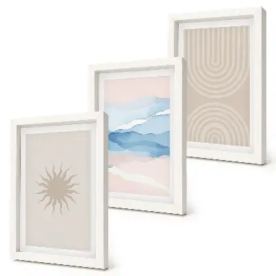 Tríptico enmarcado con diseño de sol, olas y líneas abstractas en tonos pastel