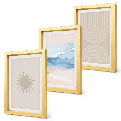 Tríptico enmarcado con diseño de sol, olas y líneas abstractas en tonos pastel